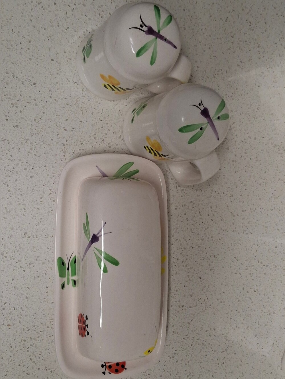 Butter Dish and Salt And Pepper Shaker Set with Dragonfly & Insect Accents - Whe